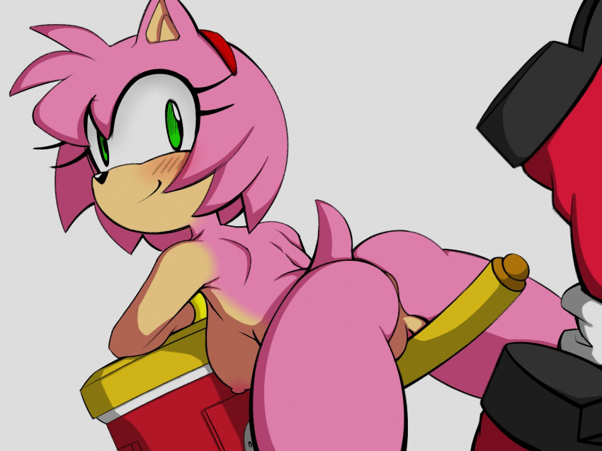 2022 4:3 amy_rose anthro ass blush boots breasts clothing colored eulipotyphlan eyelashes female footwear genitals grey_background hammer head_turned hedgehog hi_res jupiterorange looking_at_viewer mammal pussy rear_view sega side_boob simple_background smile solo sonic_(series) sonic_the_hedgehog_(series) spassticus tools