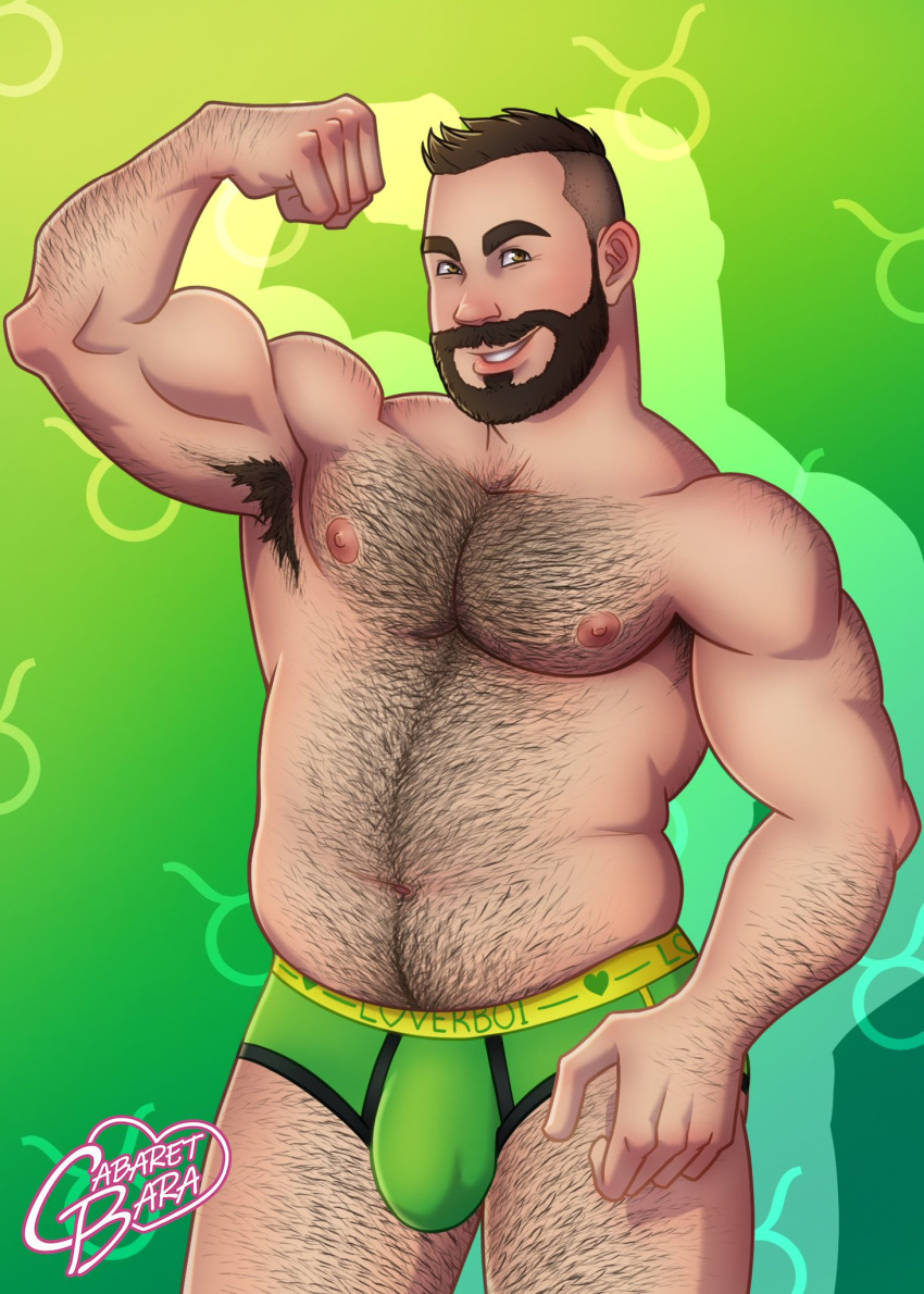 bear big_bulge briefs briefs_only bulge cabaret_bara cabaret_bara_series dad_bod flexing_bicep hairy henry_(cabaret_bara) human_bear male male_only solo_male taurus thick underwear zodiac_sign