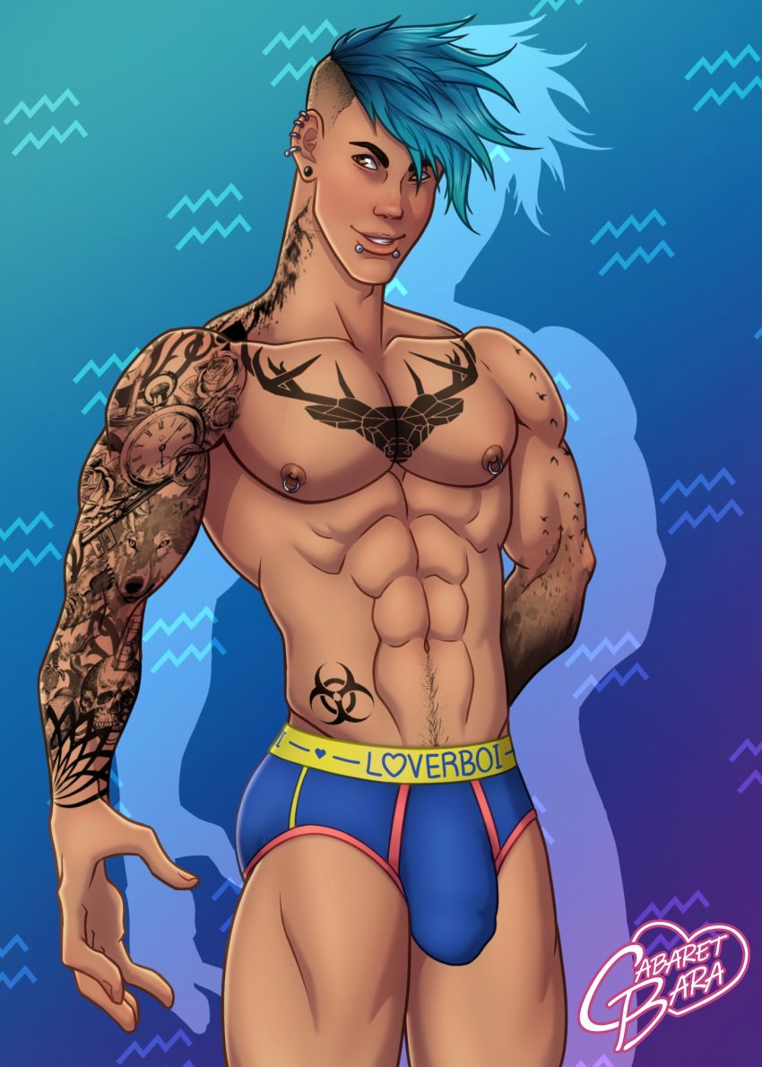 aquarius benjamin_(cabaret_bara) big_bulge briefs briefs_only bulge cabaret_bara cabaret_bara_series male male_only piercings tattoos twunk underwear zodiac_sign