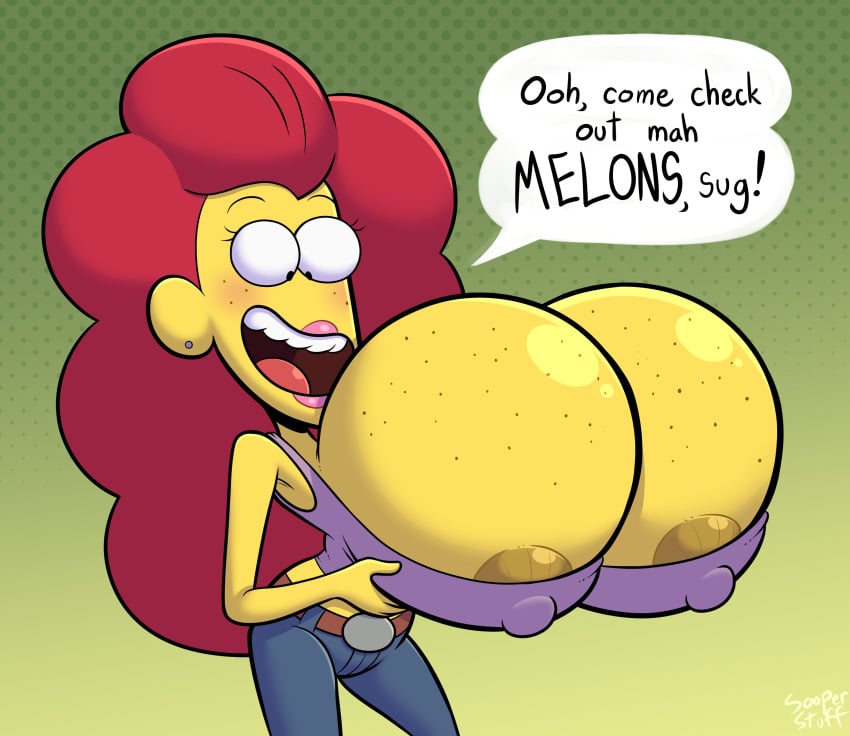 big_city_greens dustindemon earrings english_text erect_nipples female huge_breasts hyper_breasts jeans lipstick long_hair milf nancy_green no_bra open_mouth red_hair solo what yellow_skin