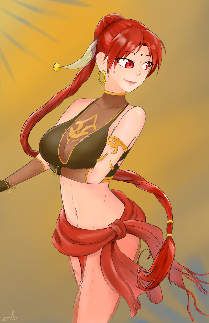 1girls arm_under_breasts bare_midriff breasts cleavage dancer earrings enbu female_only fire_emblem fire_emblem:_the_sacred_stones large_breasts long_hair midriff nintendo ponytail red_eyes red_hair see-through smile solo tethys_(fire_emblem) thighs very_long_hair yellow_background