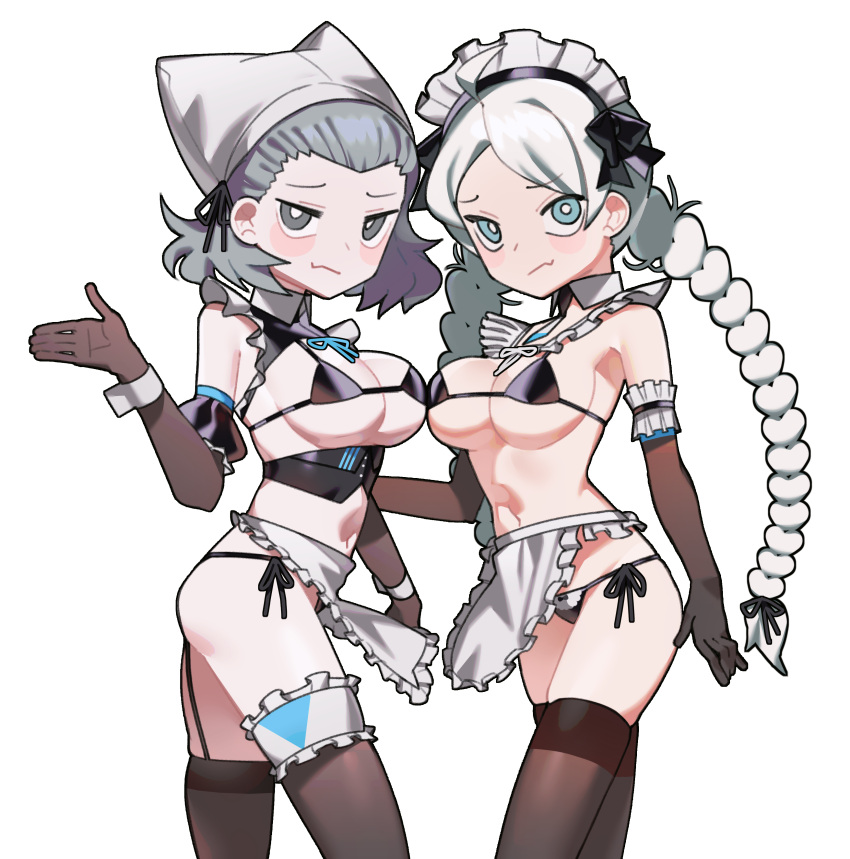 2girls absurdres ahoge alternate_costume apron bare_shoulders bikini black_legwear blue_eyes braid breast_press breasts commission cosplay crossover_cosplay cuffs detached_collar elbow_gloves female_only fire_emblem fire_emblem_fates frilled_gloves frills garter_straps gloves grey_eyes grey_hair head_scarf highres last_origin light-skinned_female light_skin looking_at_viewer maid maid_apron maid_bikini maid_headdress medium_breasts medium_hair mh-4_thetis_(maid_style_swimsuit)_(cosplay) midriff multiple_girls nina_(fire_emblem) nintendo p-3m_undine_(maid_style_swimsuit)_(last_origin)_(cosplay) saaal653 sophie_(fire_emblem) string_bikini swimsuit thighhighs transparent_background twin_braids upper_body waist_apron white_hair