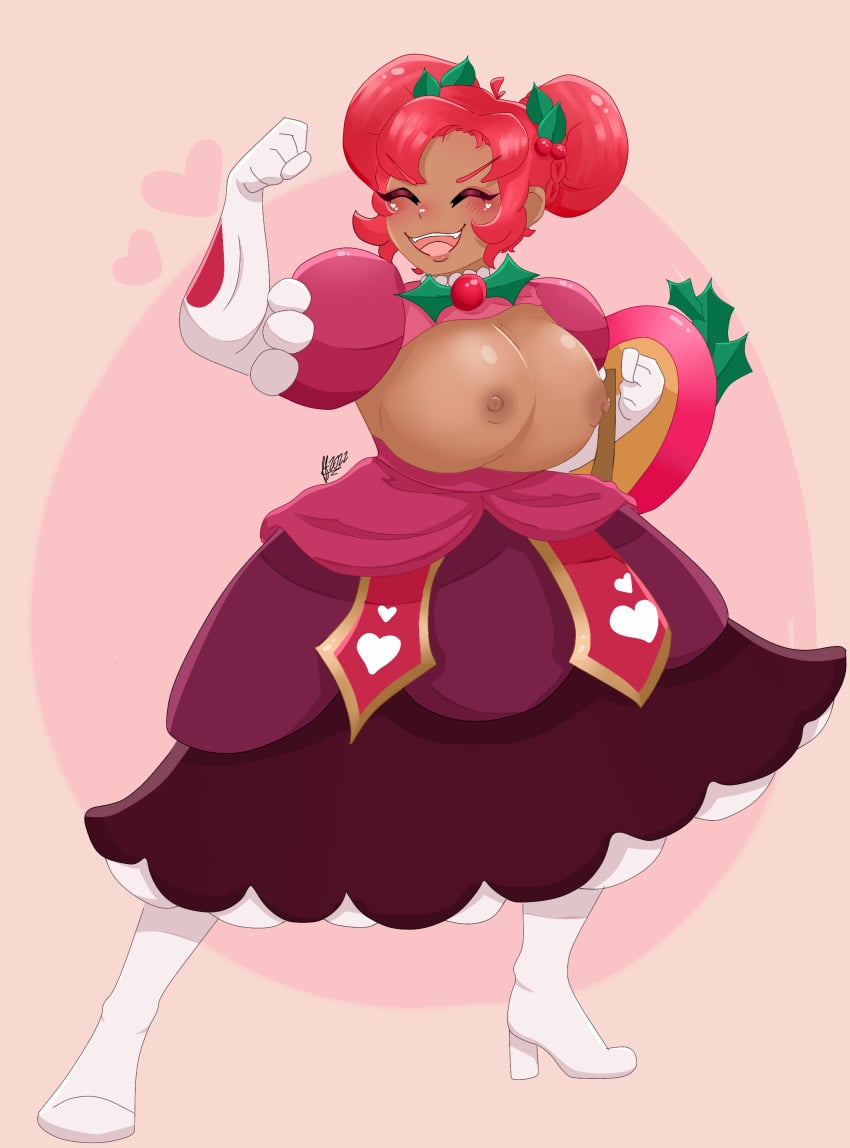 1girls :3 berryfait big_breasts blush breasts chubby clothing cookie cookie_run dark-skinned_female dark_skin double_bun female_only hair_bun hollyberry_cookie humanoid large_breasts pink_hair