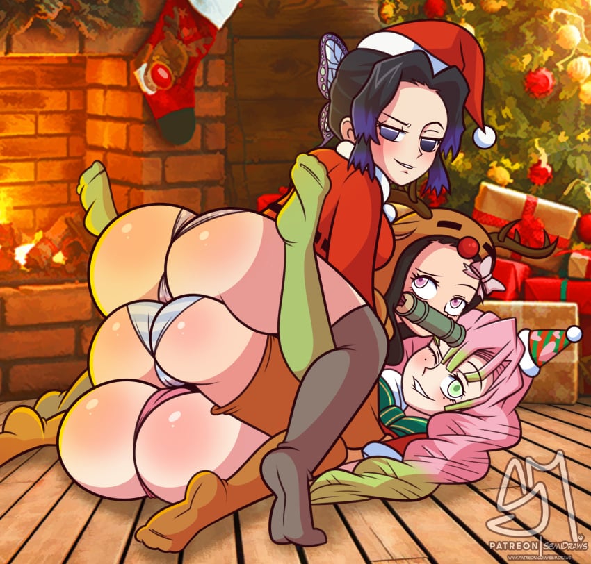 2022 3girls alternate_costume ass ass_focus big_ass big_butt biting_lip black_hair blush braided_hair bubble_butt butterfly_hair_ornament christmas demon_slayer detailed_background feet feet_up female female_only gag gagged green_eyes hairbow high_resolution holidays kamado_nezuko kanroji_mitsuri kimetsu_no_yaiba kochou_shinobu looking_at_viewer looking_back mole_under_eye panties pink_hair pink_panties purple_eyes reindeer_antlers reindeer_costume santa_costume santa_hat seductive semidraws smile stacked striped_panties thighhighs two_tone_hair wink yuri