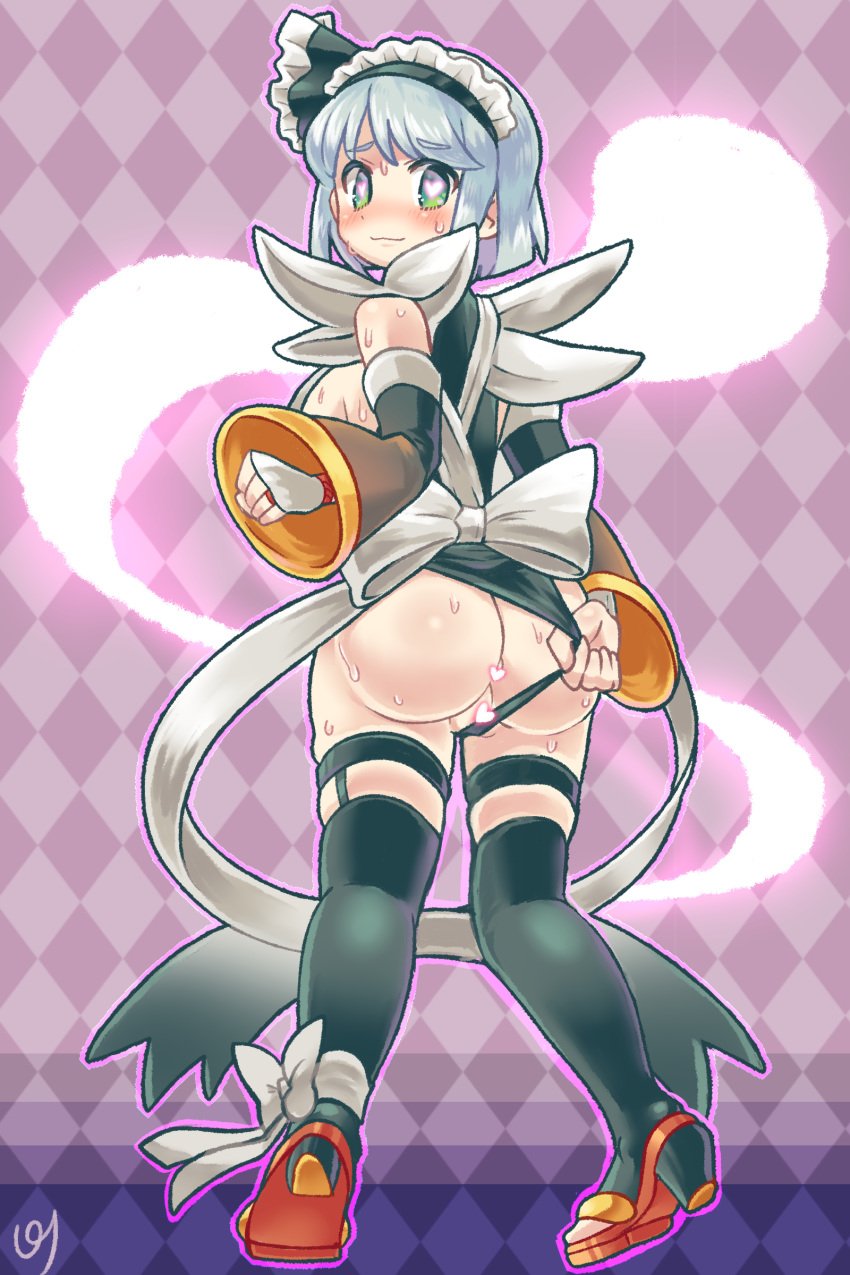 absurdres ass black_legwear blush breasts choker cleavage closed_mouth clothing_aside commission commissioner_upload cosplay detached_sleeves eyebrows_visible_through_hair female from_behind green_eyes grey_hair heart heart-shaped_pupils highres iroha_(cosplay) looking_back maid maid_headdress maid_leotard panties panties_aside pmx samurai_shodown short_hair silver_hair skeb_commission smile solo standing sweat symbol-shaped_pupils thighhighs touhou underwear youmu_konpaku youmu_konpaku_(ghost)