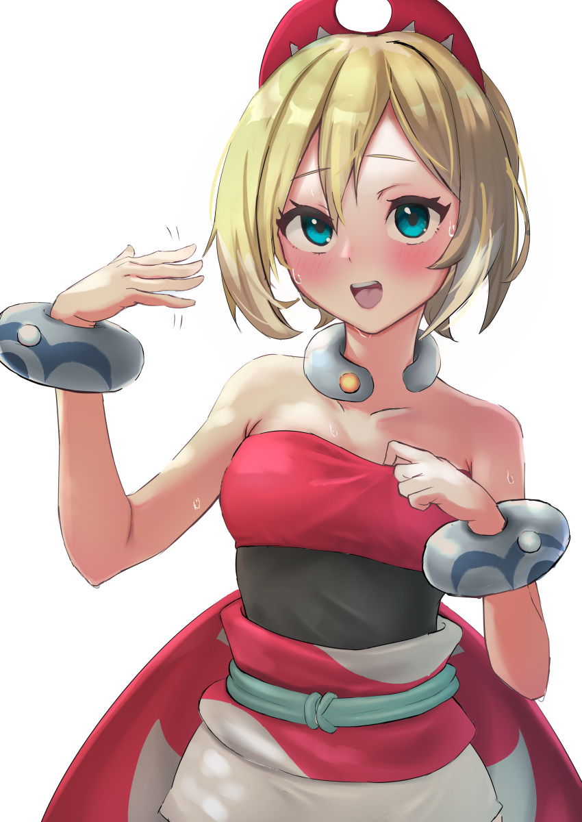 1girls blonde_hair blue_eyes blush blushing blushing_at_viewer bracelet bracelets clothed clothed_female clothes clothing color finger headband i_n_z_m irida_(pokemon) looking_at_viewer motion_lines necklace nintendo open_mouth petite pokemon pokemon_legends:_arceus safe short_hair solo sweat sweatdrop