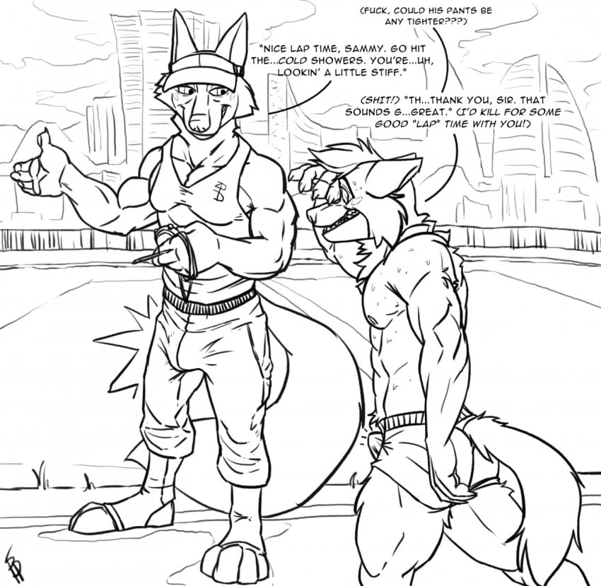 abs anthro biceps black_and_white bodily_fluids buckwulf_(artist) bulge canid canine canis clothed clothing disney duo erection erection_under_clothing fox gay hi_res line_art male male_nipples male_only mammal monochrome muscular muscular_male nick_wilde shirt sweat tank_top topless topwear wolf zootopia zootropolis