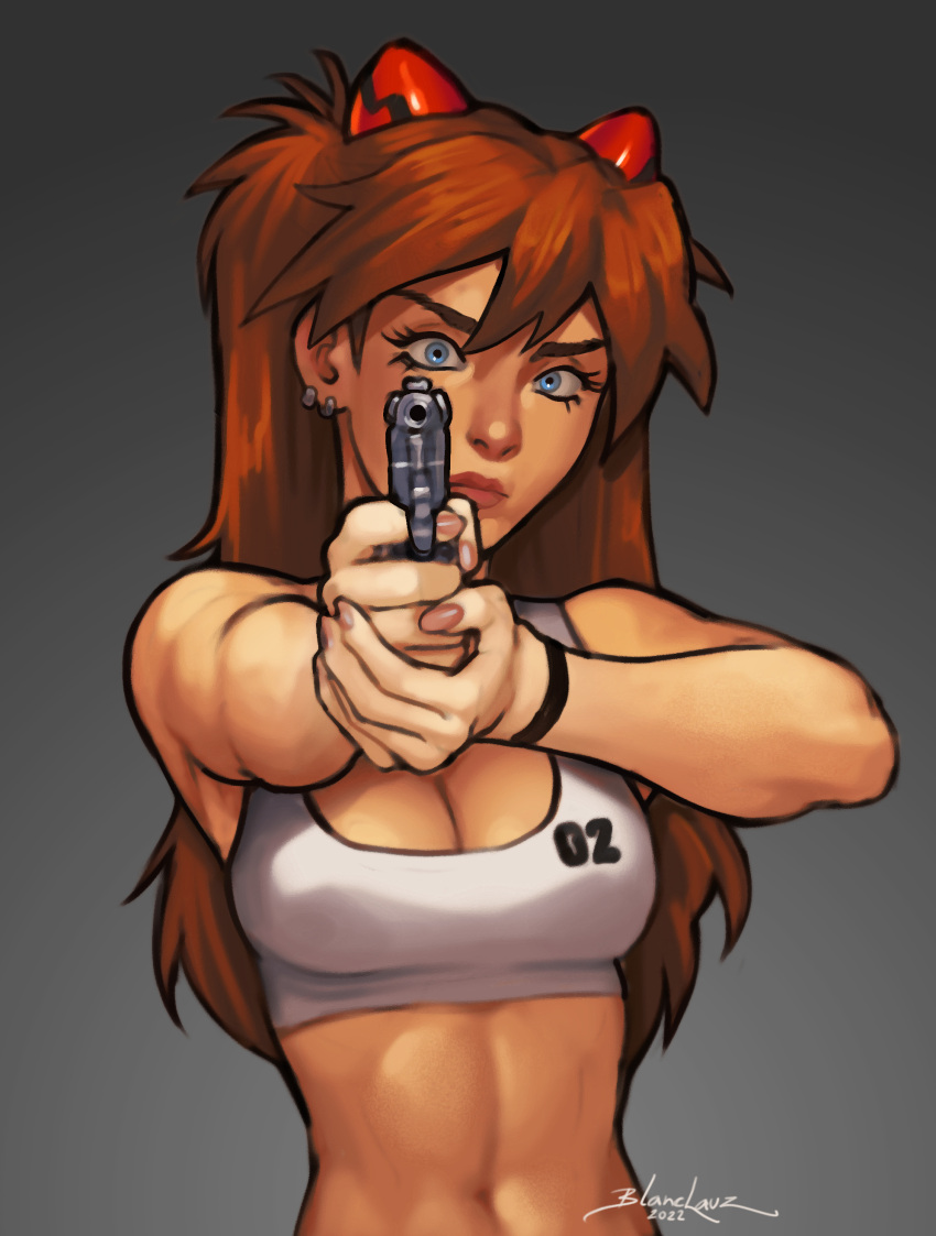 1girls aiming aiming_at_viewer asuka_langley_sohryu blanclauz bra breasts cleavage earrings female female_only finger_on_trigger fingernails firearm fully_clothed gun handgun holding_weapon long_hair medium_breasts midriff neon_genesis_evangelion orange_hair pistol solo sports_bra toned toned_female upper_body weapon white_sports_bra