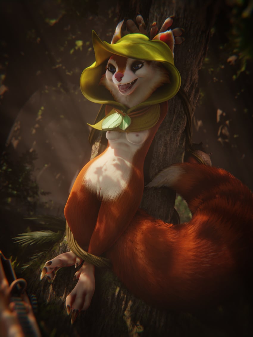 3d 4_fingers bound breasts cape claws clothing dota dota_2 eyelashes feet female female_only feral fingers forest forest_background fur genitals grass hi_res hood hoodwink_(dota) makeup mammal nature nature_background nude outside plant red_body red_fur rodent sciurid solo solo_female tail_tuft toes tongue tongue_out tree tree_squirrel tuft video_games vlad-lox white_body