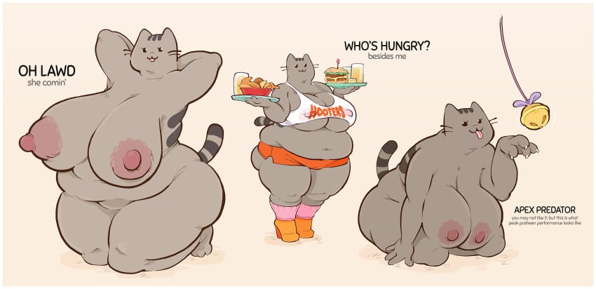 ._. 1girls anthro anthro_only areolae bbw big_belly breasts cat_ears cat_girl cat_tail cleavage english_text fat fat_rolls feline food furry furry_female hooters hooters_uniform huge_breasts huge_nipples large_areolae mob_face no_bra obese obese_female personification plump pusheen pusheen_the_cat_(series) sagging_breasts short_shorts shorts solo sparrow_(artist) tank_top thick_thighs underboob waitress whiskers