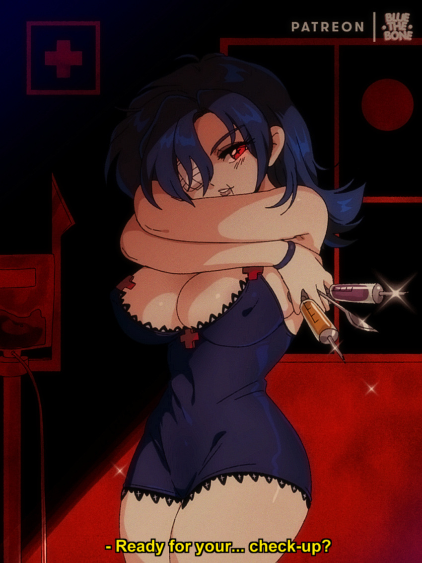 1girls big_breasts blue_hair bluethebone blush cross_pupils hair_down iv_bag night_dress nurse red_eyes retro_artstyle scalpel skullgirls solo solo_female syringe thick_thighs valentine_(skullgirls)