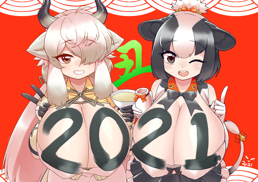 2021 2girls absurdres animal_ears bell black_hair body_writing bottle breasts brown_eyes chinese_zodiac cleavage_cutout clothing_cutout cow_ears cow_girl cow_tail cup eyebrows_visible_through_hair female gloves grin hair_over_one_eye highres holstein_friesian_cattle_(kemono_friends) huge_breasts kemono_friends long_hair miji_doujing_daile milk milk_bottle multicolored_hair multiple_girls new_year open_mouth ox_ears ox_girl ox_horns platinum_blonde_hair pointing pointing_up red_background short_hair sidelocks smile tail tail_bell tail_ornament two-tone_hair v very_long_hair white_hair writing_on_breasts yak_(kemono_friends) year_of_the_ox