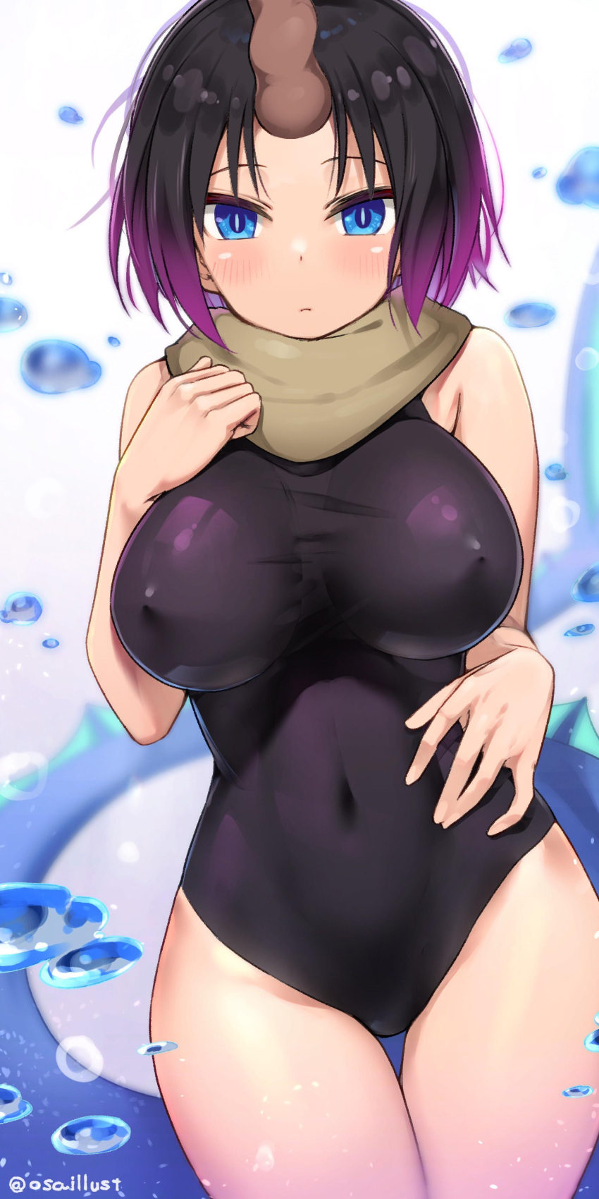 1girls black_hair blank_expression blue_eyes blush elma_(dragon_maid) fit_female horn hourglass_figure large_breasts leotard light-skinned_female mature_female miss_kobayashi's_dragon_maid nipple_bulge one-piece_swimsuit osa_(osaosa) scarf slim_waist tail thick_thighs thighs water wide_hips