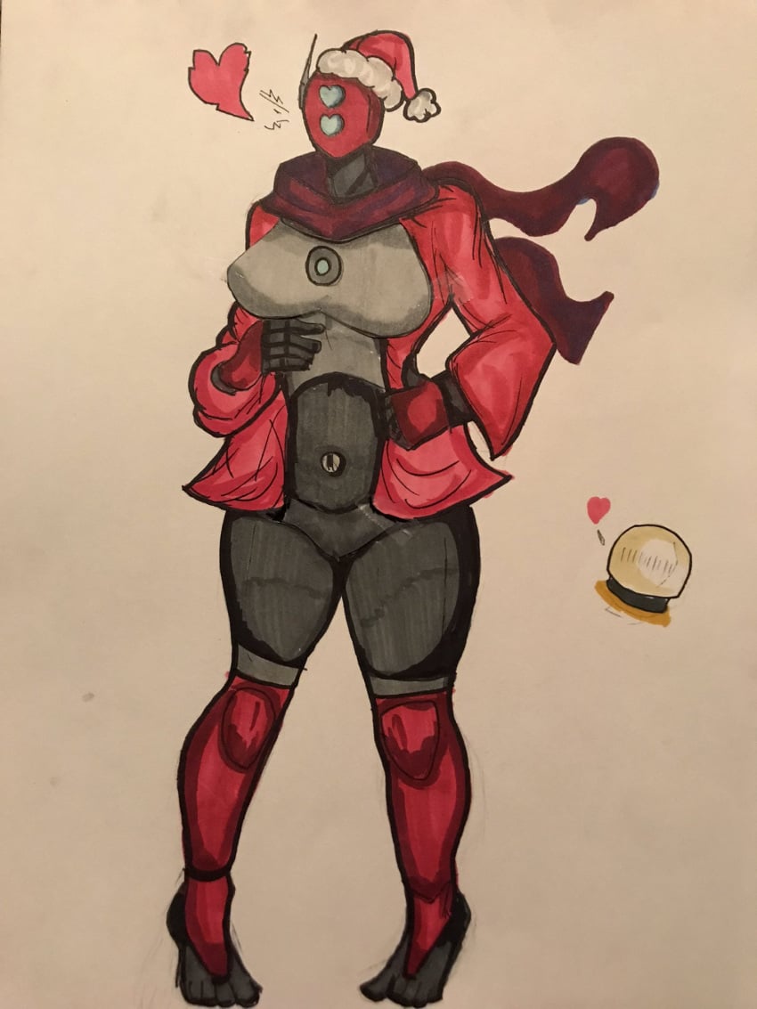 1girls alternate_version_at_patreon armor black_bodysuit bodysuit chestplate commando_(risk_of_rain) commission feet female female_only heart heart-shaped_pupils heart_eyes helmet huntress_(risk_of_rain) marker_(medium) on_toes pajamapantsjack red_armor red_helmet red_scarf risk_of_rain risk_of_rain_2 santa_hat scarf solo spoken_heart tagme tall thick toes traditional_media_(artwork)