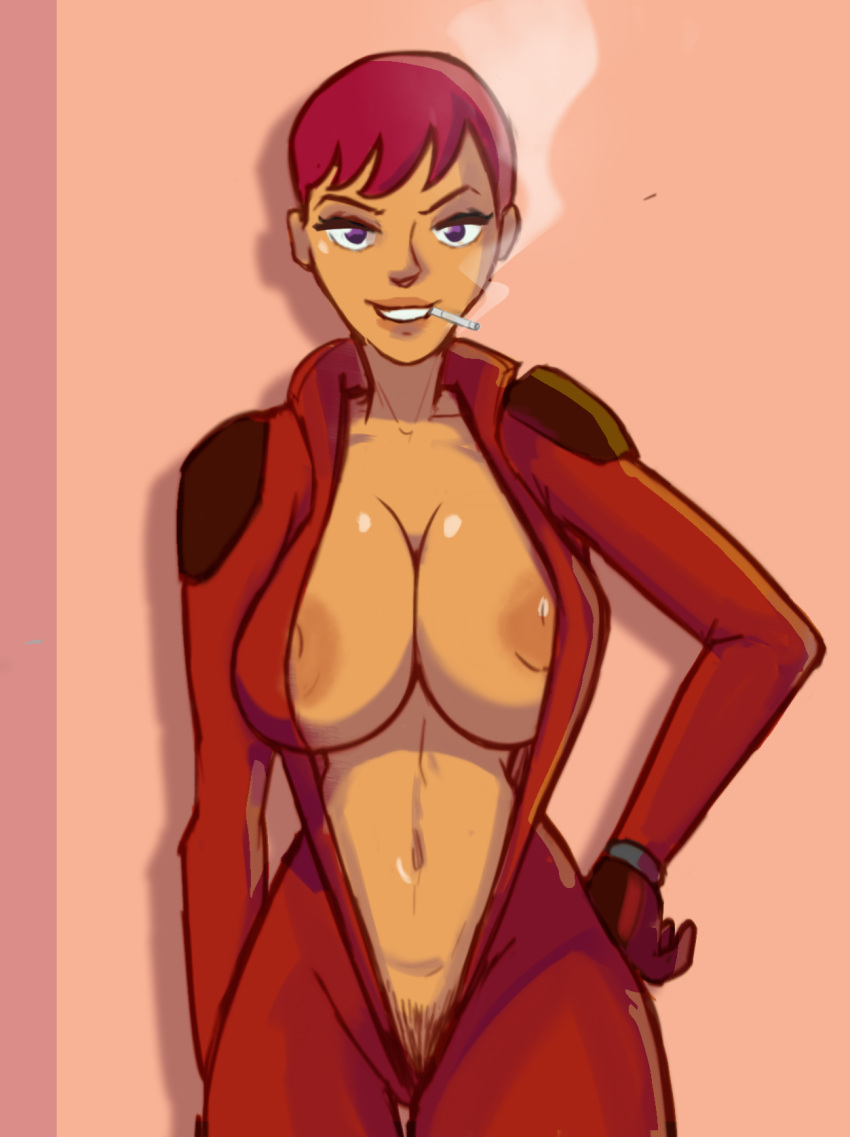 areolae belly belly_button breasts cleavage clothed donna_ramon duarte_nsfw hand_on_hip huge_breasts looking_at_viewer pubic_hair short_hair skin_tight skin_tight_suit smoke smoking thick_thighs thighs tomboy totally_spies unshaved_pussy visible_areolae