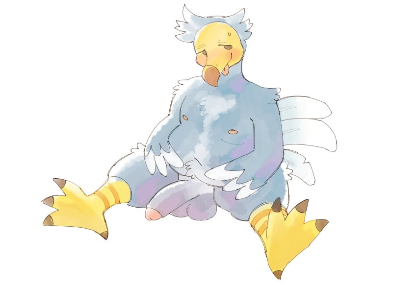 2020 4_fingers animal_crossing anthro arm_tuft avian balls belly biped bird birdpaw_(artist) blue_body blue_feathers brown_claws claws columbid digital_media_(artwork) dodo feathered_arms feathers fingers full-length_portrait genitals hair half-closed_eyes hi_res humanoid_genitalia humanoid_penis leg_tuft looking_aside male narrowed_eyes navel nintendo nipples overweight overweight_anthro overweight_male penis pink_nipples pink_tongue portrait simple_background sitting solo tongue tongue_out tuft video_games white_background wilbur_(animal_crossing) yellow_face yellow_talons