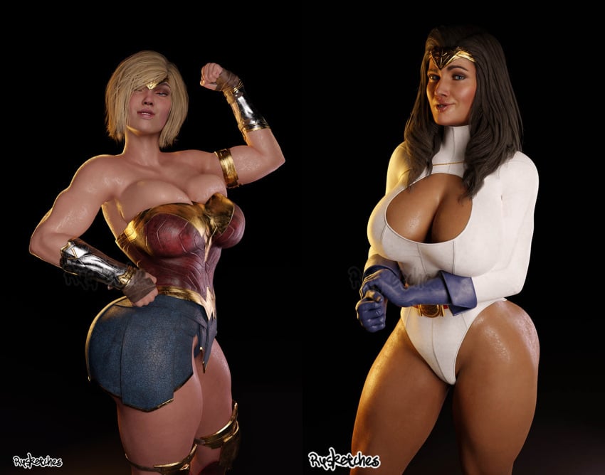 2girls 3d armlet ass athletic athletic_female bare_legs belt biceps big_breasts black_hair blonde_hair bracelet breasts bubble_butt bursting_breasts busty cleavage cleavage_cutout clothing_swap corset cosplay costume_switch dc dc_comics edit female female_focus female_only flexing flexing_bicep gloves hourglass_figure human human_only injustice_2 kara_zor-l karen_starr large_breasts leotard long_hair miniskirt olive_skin overflow pose posing power_girl power_girl_(cosplay) rysketches short_hair skirt superman_(series) thong_leotard tiara wide_hips wonder_woman wonder_woman_(cosplay) wonder_woman_(series)