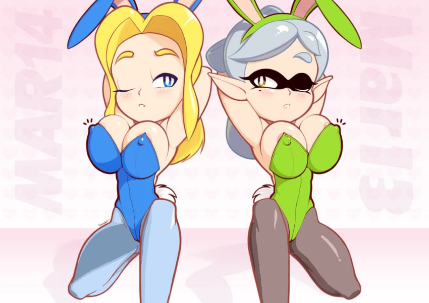 2girls alternate_breast_size alternate_costume blush bunny_ears bunnysuit crossover inkling leotard maria_robotnik marie_(splatoon) nintendo pantyhose sega sonic_(series) sonic_the_hedgehog_(series) splatoon supersegasonicss tagme wink