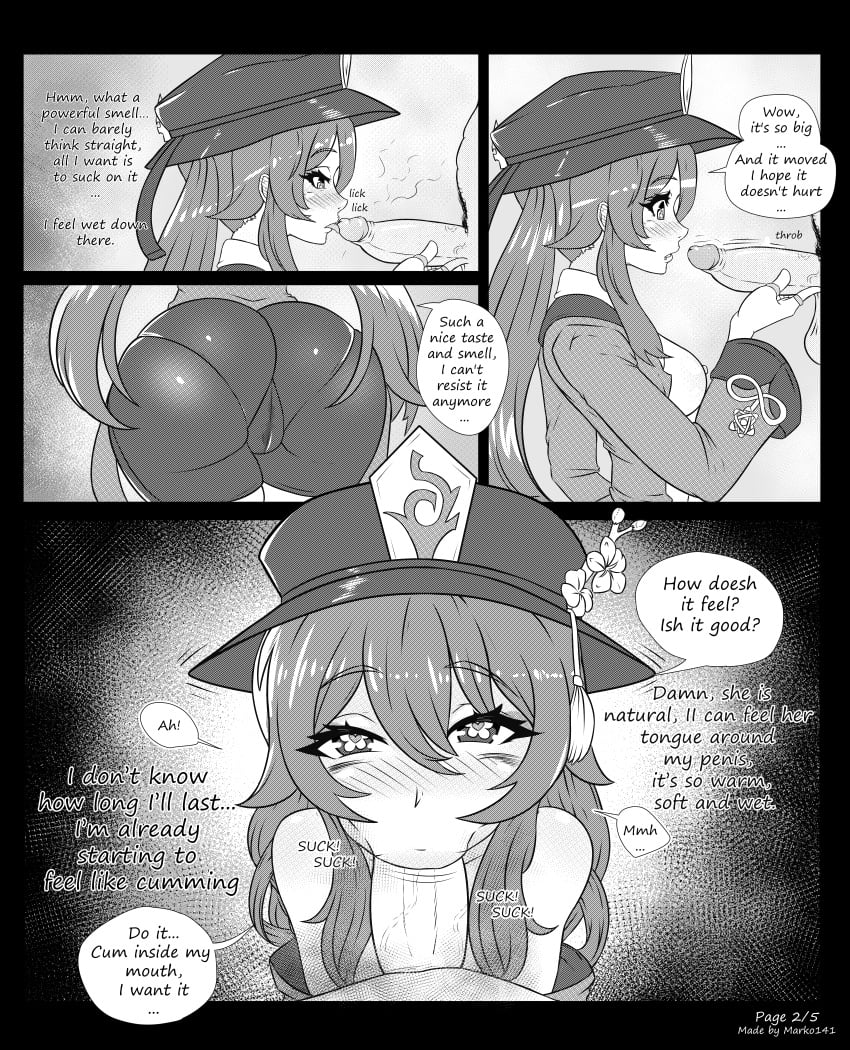 1boy 1girls adventurer aether_(genshin_impact) ass ass_focus ass_visible_through_thighs big_ass big_balls bike_shorts black_and_white blowjob blush butt cock comic cum_begging dat_ass dialogue doujinshi english_text eye_contact eyelashes fellatio female first_oral genshin_impact greyscale hat hips hu_tao_(genshin_impact) male manga marko141 mihoyo monochrome oral page_2 page_number penis petite pov seductive small_breasts smile teenager text thick_thighs thigh_highs twintails yoga_pants