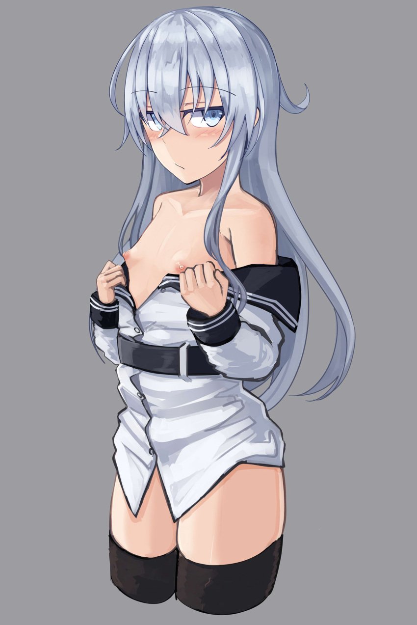 blue_eyes blush breasts eyebrows_visible_through_hair flat_chest grey_background hair_between_eyes half-closed_eyes hibiki_(kantai_collection) highres jitome kantai_collection long_hair looking_at_viewer self_exposure senekio silver_hair simple_background small_breasts thighhighs thighs verniy_(kantai_collection) very_long_hair