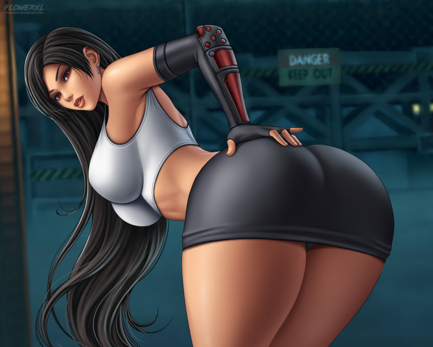 1girls artist_name bare_legs bare_midriff bent_over big_ass big_breasts black_hair breasts crop_top cropped_legs detailed_background deviantart_username ear_piercing female female_focus female_only final_fantasy final_fantasy_vii fingerless_gloves flowerxl from_behind hand_on_ass legs_together long_hair looking_at_viewer miniskirt panties panty_peek pantyshot red_eyes skirt solo thick_thighs thighs tifa_lockhart tight_skirt