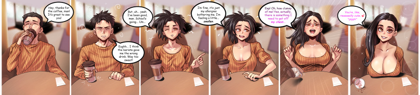 black_hair brainwashing breast_expansion breasts busty cleavage coffee comic drinking gender_transformation hopetg huge_breasts identity_death large_breasts looking_at_viewer mtf_transformation opcrom orange_hair smile text text_bubble transformation