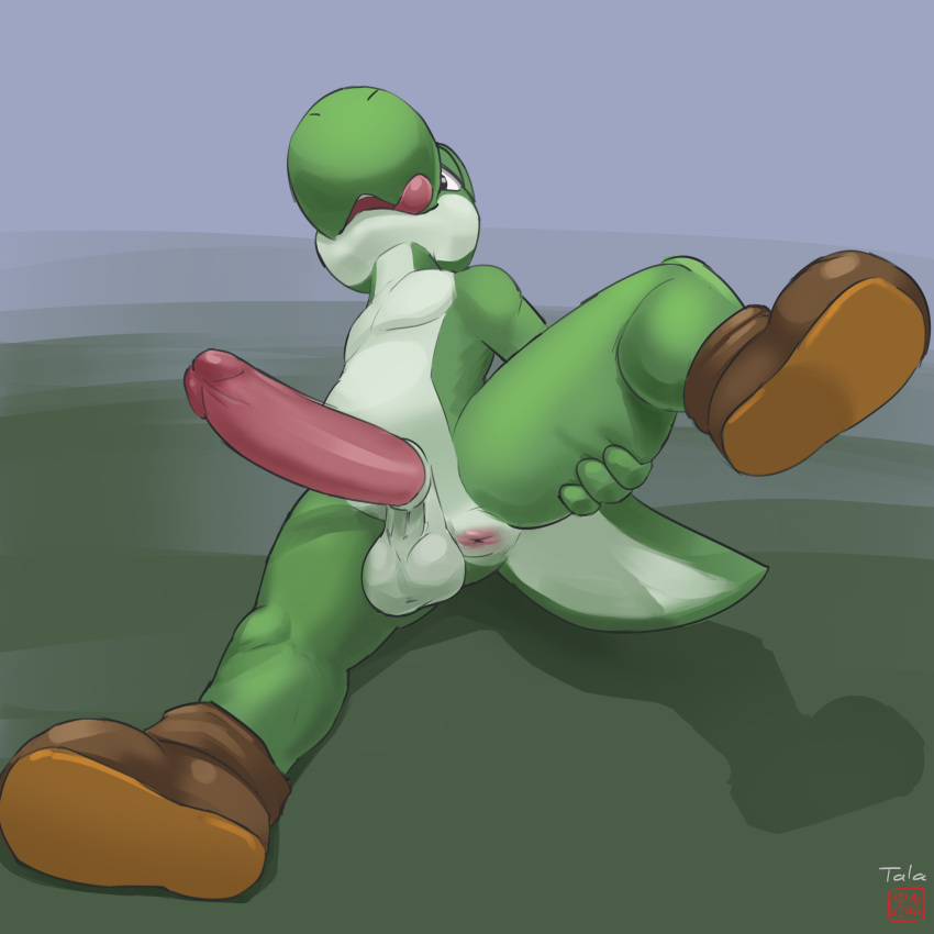 anthro anus balls biped boots boots_only clothing countershade_face countershade_tail countershade_torso countershading erection footwear footwear_only genitals green_body hi_res male male_only mario_(series) mostly_nude nintendo penis presenting raised_leg reptile scalie solo tala128 tongue tongue_out video_games yoshi yoshi_(character)