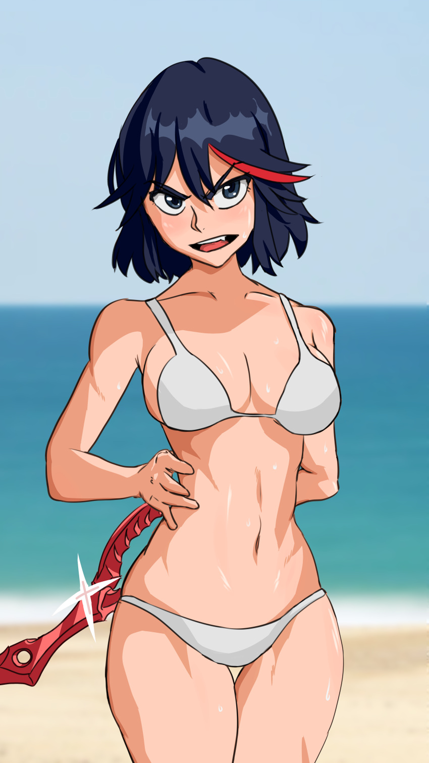 alternate_costume breasts female kill_la_kill laylaletsyou matoi_ryuuko open_mouth outdoors outside solo swimsuit tagme