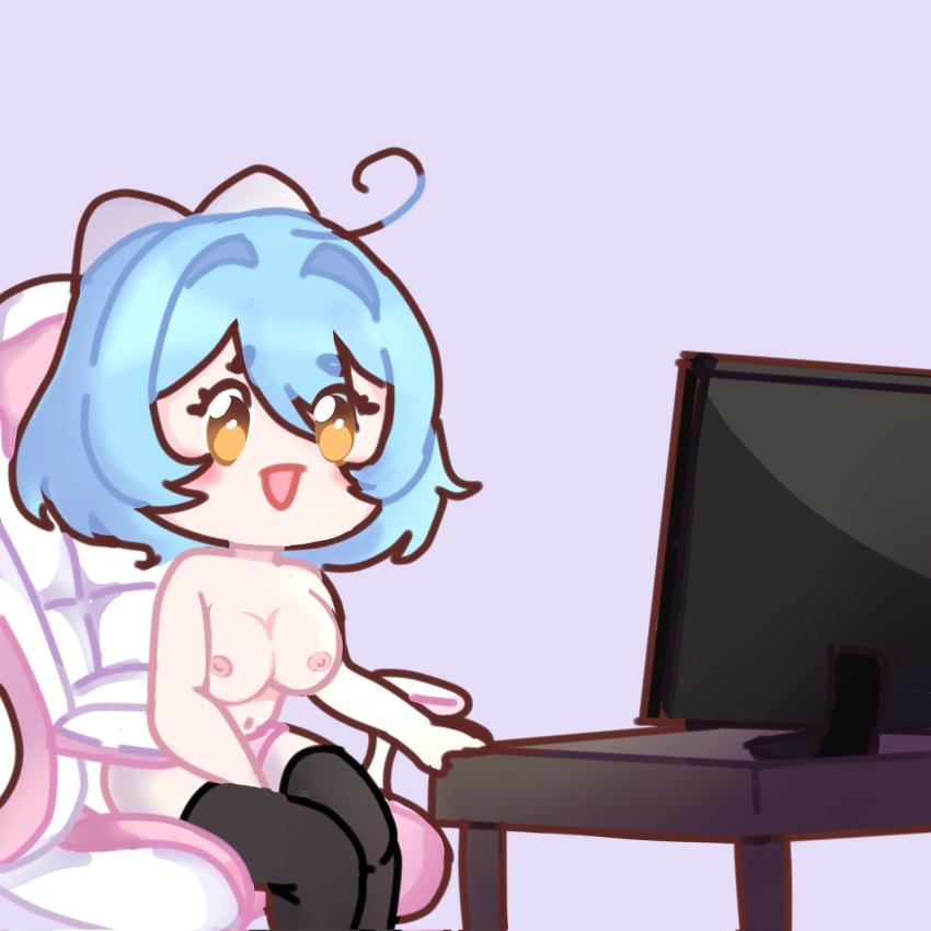 at_computer black_legwear blue_hair boobs bow breasts chibi computer computer_monitor computer_screen cute cute_face desk gamer_girl gaming_chair hand_between_legs large_breasts legwear melodhy_bluu merry(artist) nipples orange_eyes panties sct_project short_hair stockings tits topless virtual_youtuber yellow_eyes