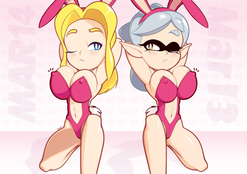 2girls alternate_breast_size blush bunny_ears bunnysuit crossover inkling maria_robotnik marie_(splatoon) nintendo sega sonic_(series) sonic_the_hedgehog_(series) splatoon supersegasonicss wink