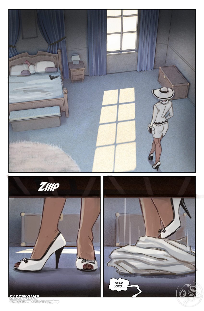 1boy 1girls aunt_carmilla bellhop clothing comic english_text feet female gloves hat high_heels hotel lace lace-trimmed_panties lady_carmilla_le_fey_(sleepygimp) lingerie male offscreen_character offscreen_male open_toe_shoes panties pencil_skirt pov skirt skirt_suit sleepygimp sound_effects speech_bubble text the_lady_&_the_bellhop toenail_polish undressing white_clothing