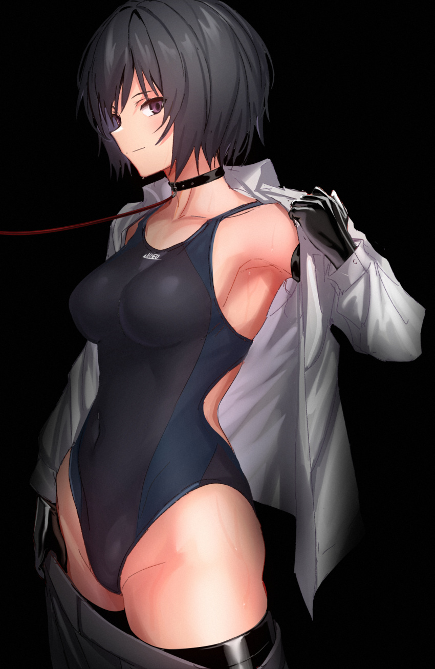 amagami black_gloves black_hair black_legwear blush collar female gloves leash leash_and_collar nanasaki_ai one-piece_swimsuit solo solo_female standing sweat swimsuit thigh_boots tomboy ulrich_(tagaragakuin) undressing