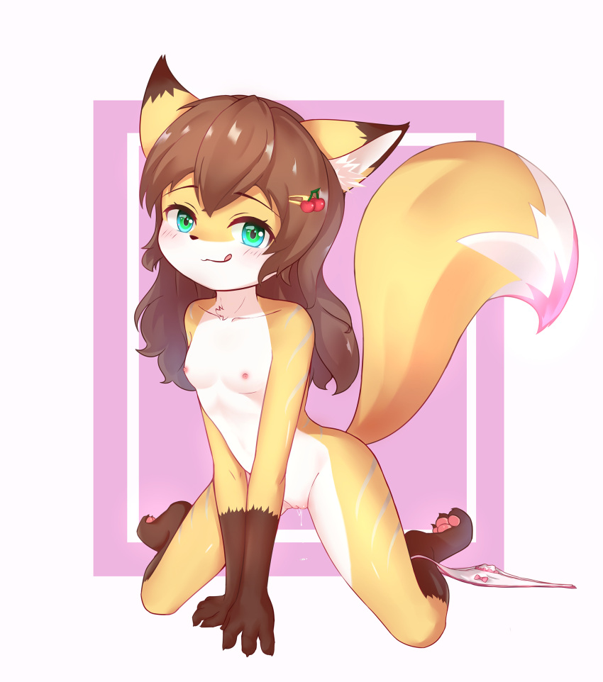 :3 all_fours animal_ear_fluff animal_ears animal_nose anthro aqua_eyes bangs bent_over blush bow bow_panties breasts brown_fur brown_hair cherry_hair_ornament closed_mouth collarbone eyebrows_visible_through_hair female flong food-themed_hair_ornament fox_ears fox_girl fox_tail full_body furry furry_female hair_between_eyes hair_ornament hairclip highres kneeling long_hair looking_at_viewer nipples no_humans orange_fur original panties panties_around_one_leg pink_background pink_bow pussy pussy_juice shiny shiny_hair simple_background small_breasts solo tail tongue tongue_out underwear white_background white_fur white_panties