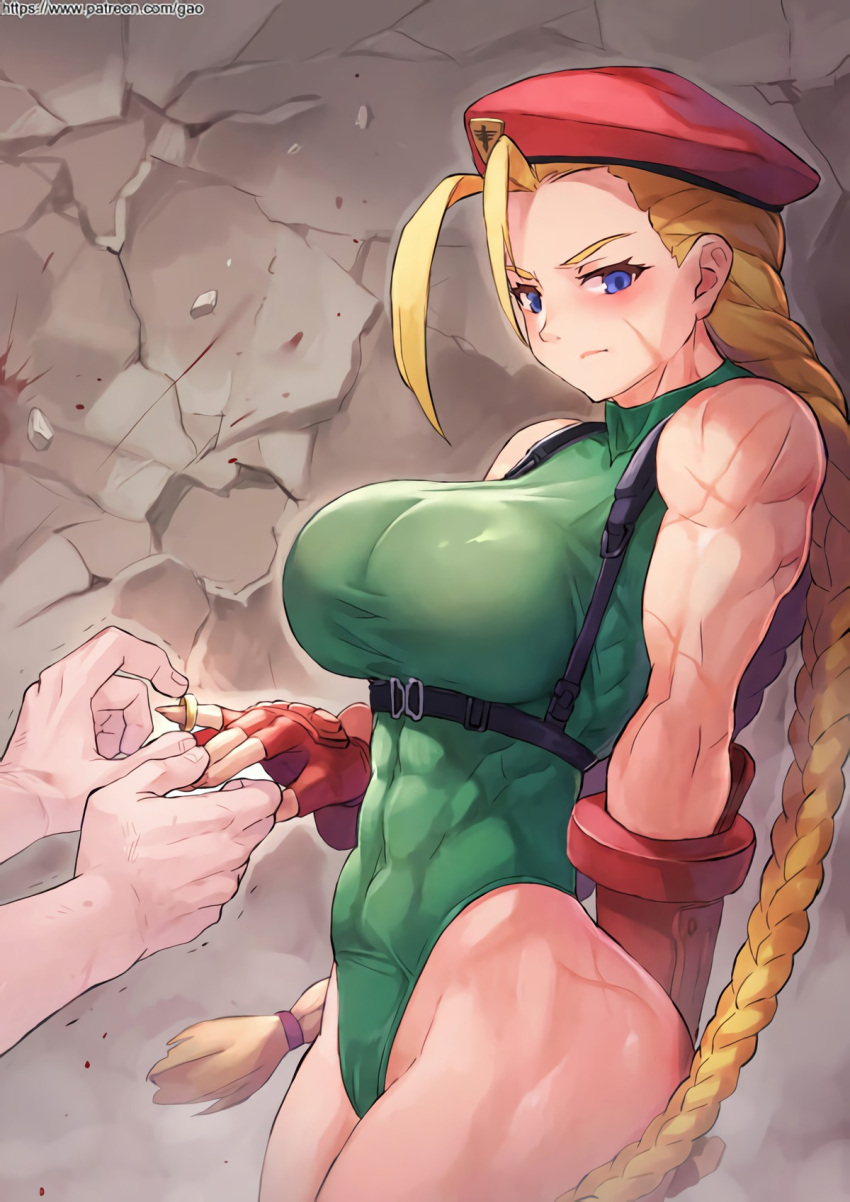 1boy 1girls abs blonde_hair blue_eyes blush braided_ponytail breasts cammy_white embarrassed gao-lukchup gaolukchup leotard marriage_proposal military muscular_female ponytail ring scar scars street_fighter tagme wedding_ring