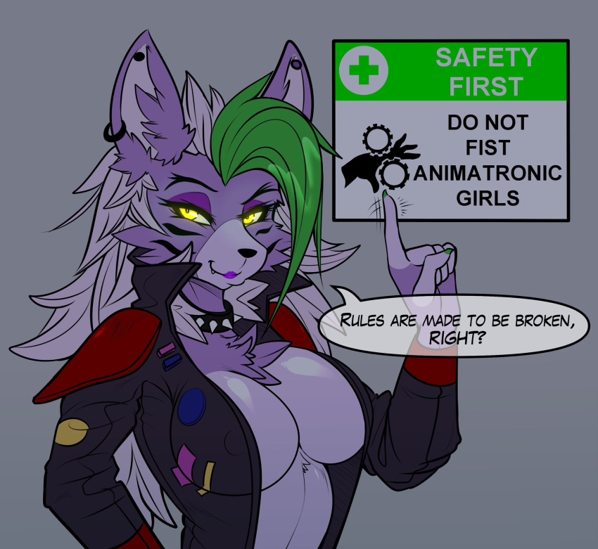 animatronic anthro breasts claws clothed clothing collar dark ear_piercing earring five_nights_at_freddy's five_nights_at_freddy's:_security_breach furry furry_only glowing_eyes good_stuff green_hair jacket jacket_open lipstick long_hair necklace notice_board open_clothes open_jacket phaser_automata purple_body purple_eyeshadow purple_lipstick purple_skin roxanne_wolf_(fnaf) smile solo spiked_collar spikes stripes tagme teeth teeth_visible text text_bubble two_tone_fur two_tone_hair warning_sign whiskers white_hair white_sclera wolf_ears wolf_girl wolf_humanoid