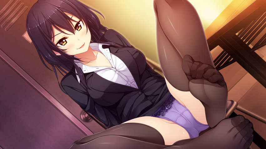 amakusa_tobari bangs black_hair black_jacket black_legwear black_skirt blush breasts cameltoe classroom clothes_lift collarbone desk dress_shirt dutch_angle feet female foot_focus formal game_cg hair_between_eyes indoors jacket kido_fuuka long_hair medium_breasts miniskirt omokage_~ecchi_na_happening!?_nandemo_dontokoi!~ open_mouth panties pencil_skirt purple_panties shiny shiny_hair shirt skirt skirt_lift skirt_suit smile solo suit teacher thighhighs underwear white_shirt yellow_eyes