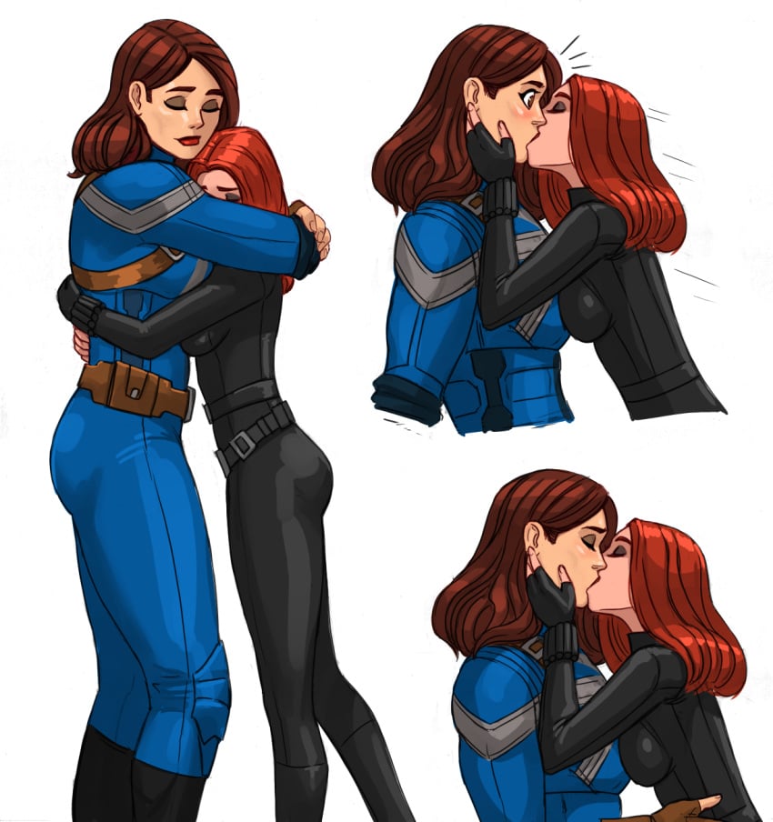 2022 2girls black_widow_(marvel) captain_carter catsuit female female_only flick flick-the-thief hugging kissing lesbian light-skinned_female marvel muscle_girl muscular_female natasha_romanoff peggy_carter red_hair size_difference surprised what_if...? white_background wholesome yuri