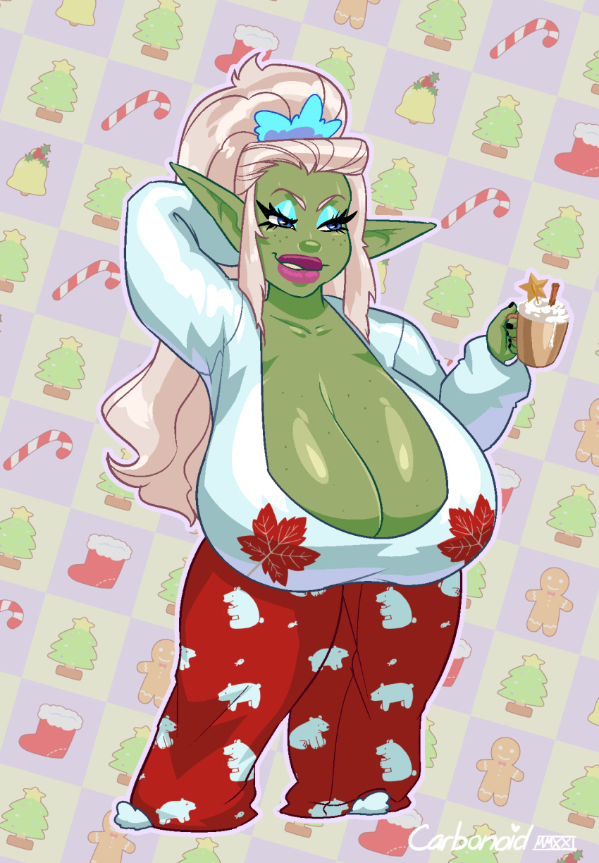 big_lips blue_eyes carbonoid christmas christmas_outfit eyeshadow freckles freckles_on_chest freckles_on_face goblin goblin_female green_skin hair_ornament huge_breasts lipstick long_ears long_eyelashes long_hair mug pajamas pattern_background pointy_ears shortstack sulia white_hair wide_hips