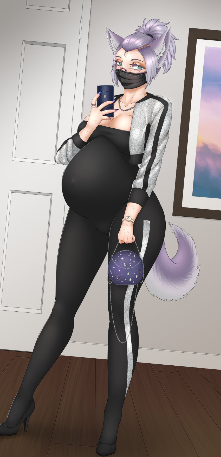 1girls absurdres big_breasts breasts catgirl female female_only highres huge_belly kristiadder large_breasts pregnant ready_to_pop solo tight_clothing