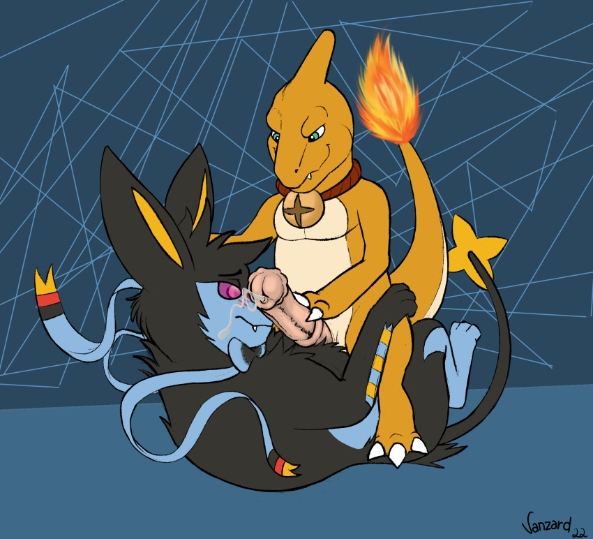 animal_genitalia animal_penis blush bodily_fluids charmeleon equine_penis fan_character genital_fluids genitals hi_res hybrid luxray male nintendo penis pokémon_(species) pokemon pokemon_(species) precum ribbons vanzard video_games