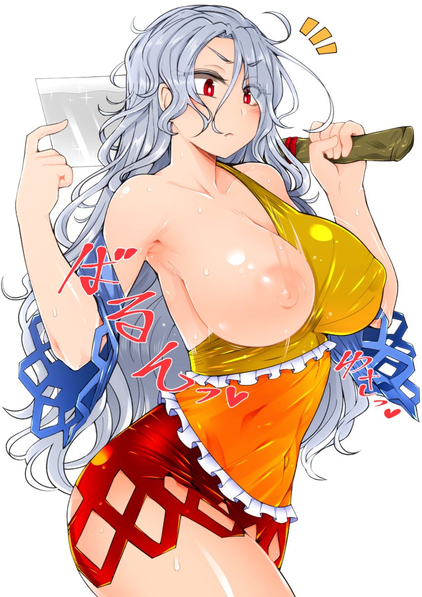 >:( areolae armpits bare_shoulders blush breast_slip breasts cleavage cleaver closed_mouth collarbone commentary_request covered_navel covered_nipples cowboy_shot detached_sleeves dress eyebrows_visible_through_hair fang_out female frown hands_up highres holding large_areolae large_breasts long_hair motion_blur multicolored_clothes multicolored_dress nemuno_sakata nipples no_bra oerba_yun_fang one_breast_out red_eyes roki_(hirokix) sharp_teeth shiny shiny_clothes shiny_skin silver_hair simple_background single_strap solo speech_bubble sweat teeth touhou translation_request v-shaped_eyebrows very_long_hair wardrobe_malfunction wavy_hair white_background