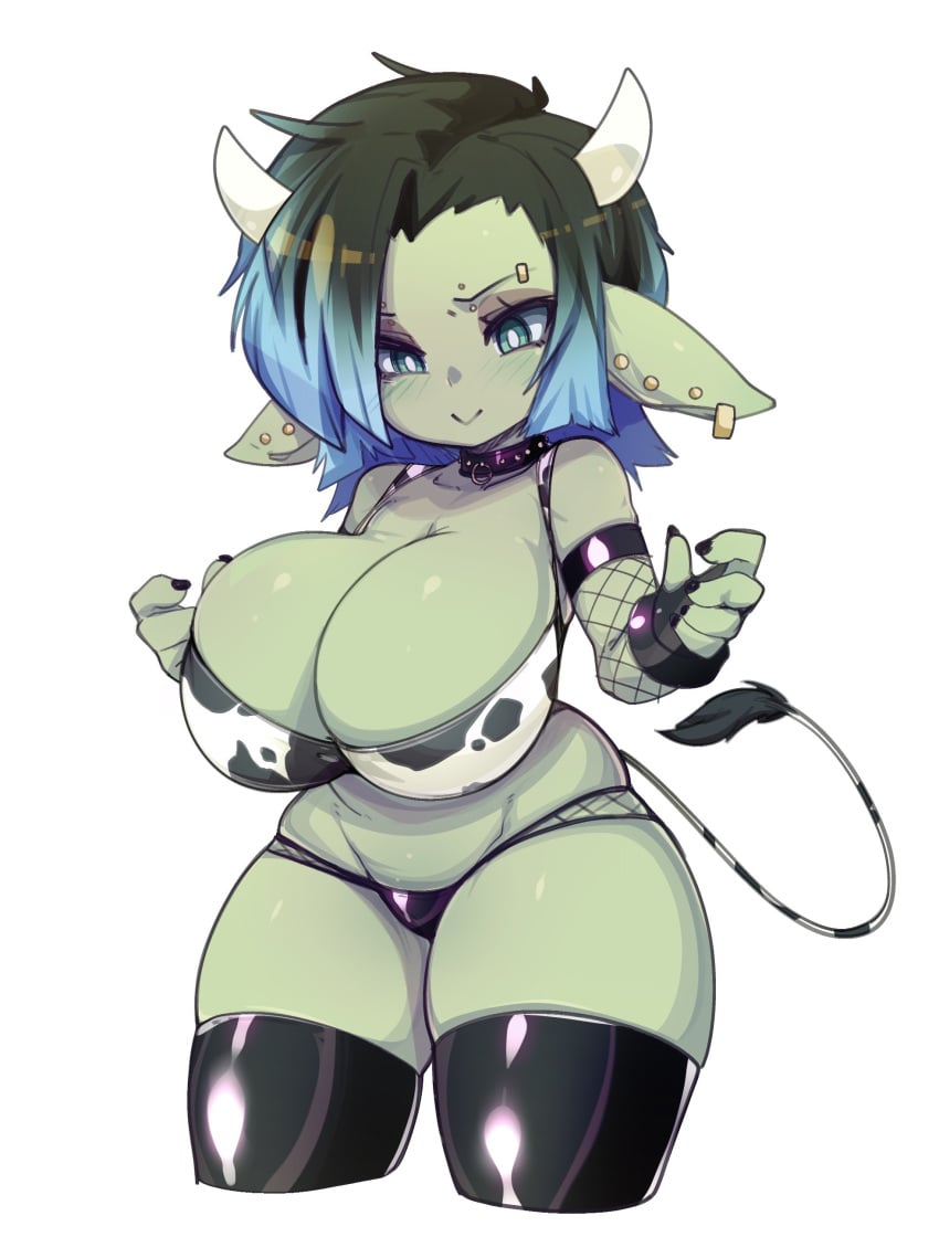 1girls asymmetrical_hair bikini black_nails blue_eyes blush breasts cleavage collar cow_horns cow_print cow_tail ear_piercing eyebrow_piercing goblin goblin_female gold_(metal) gold_jewelry green_body green_skin large_breasts leora_(kibix1) long_ears original original_character piercing pointy_ears punk shortstack slugbox thick_thighs thighhighs thong two_tone_hair