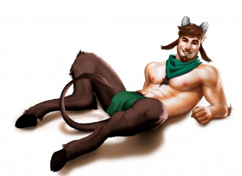 1boy abs anthro beard bulge chest_hair flaccid hooves horns horns_and_hooves james_the_satyr kadel laying_down male_focus male_only nipples satyr smile solo solo_male tagme tail