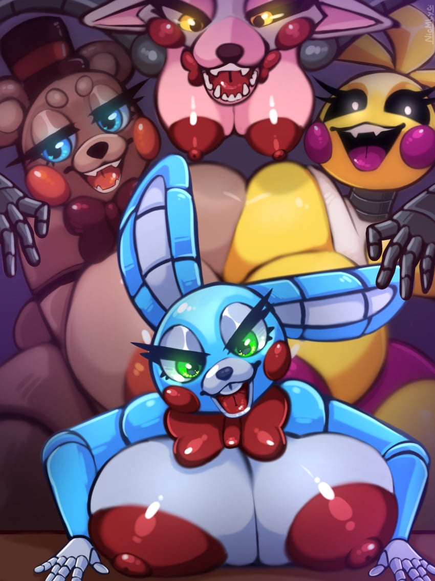 absurd_res animatronic anthro areola avian big_areola big_breasts big_nipples bird breasts canid canine chicken curvy_figure exposed_breasts fangs female female/female five_nights_at_freddy's five_nights_at_freddy's_2 fox galliform gallus_(genus) glistening glistening_body glowing glowing_eyes group hi_res huge_areolae huge_nipples lagomorph leporid machine mammal mangle_(fnaf) nic-m-lyc phasianid rabbit robot scottgames toy_bonnie_(fnaf) toy_chica_(fnaf) toy_freddy_(fnaf) ursid video_games voluptuous wide_hips