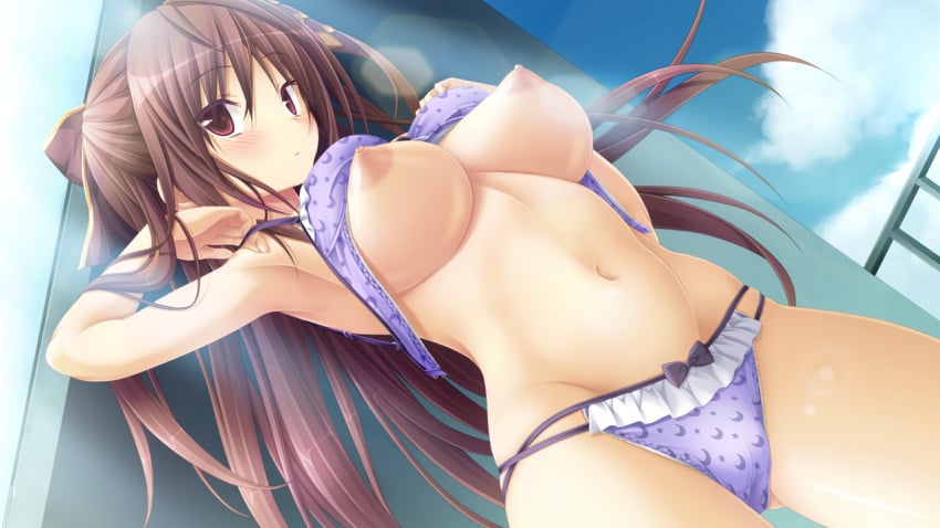 :o armpits blush bow bra bra_lift breasts brown_hair chrono_clock crescent dutch_angle female frilled_panties frills game_cg jounouchi_makoto koku large_breasts long_hair looking_at_viewer navel nipples panties print_bra print_panties purple_bra purple_panties red_eyes red_hair solo star_(symbol) star_print underwear underwear_only undressing