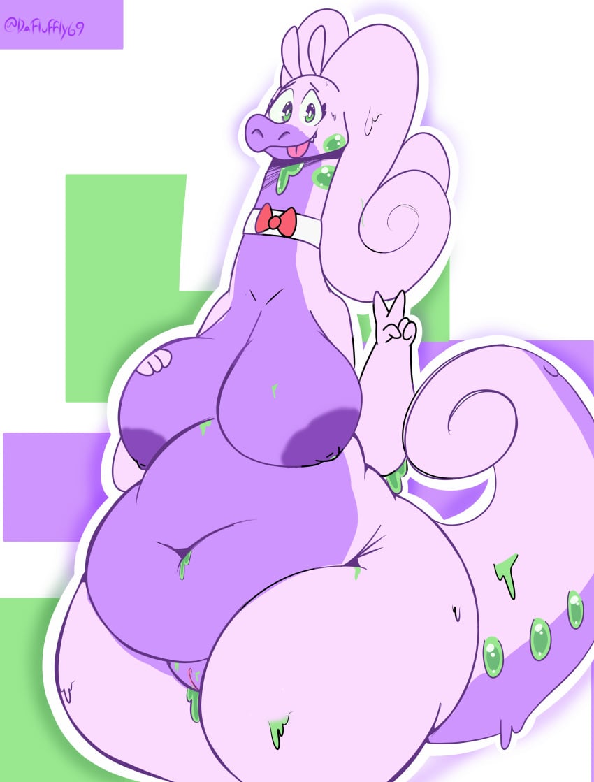 absurd_res amelia_(galv3z) anthro ass belly big_belly big_breasts big_butt bow_tie breasts chubby_female cute_expression cute_eyes dragon female genitals gesture goo_(disambiguation) goodra green_eyes hi_res huge_thighs nintendo pokémon_(species) pokemon pokemon_(species) purple_body pussy red_bow_tie simple_background slightly_chubby solo thefluffyrey69 thick_tail thick_thighs v_sign video_games