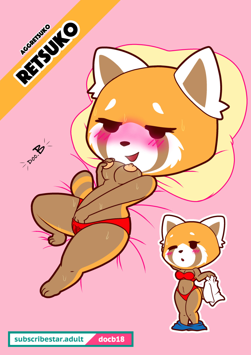 3_toes absurd_res aggressive_retsuko ailurid anthro areola big_breasts blush bodily_fluids bottomwear bottomwear_down bra breasts brown_body brown_fur camel_toe canid canine clothed clothing doc.b erect_nipples eyelashes feet female fingers fur genital_fluids half-closed_eyes hand_in_panties hand_in_underwear hand_on_breast head_on_pillow hi_res holding_breast holding_clothing holding_object holding_shirt holding_topwear looking_down looking_pleasured lying mammal masturbation multicolored_body multicolored_fur narrowed_eyes nipples on_back one_eye_closed open_mouth open_smile orange_body orange_fur panties pants pants_down partially_clothed pillow pink_background pussy_juice pussy_juice_leaking red_panda retsuko sanrio shirt simple_background smile smooth_fur solo standing sweat text thick_thighs toes topless topwear underwear undressing vaginal_masturbation vaginal_penetration white_body white_fur wide_hips