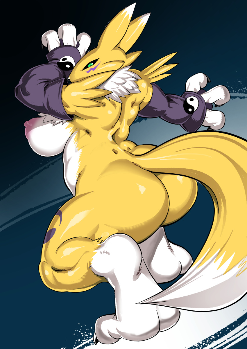 absurd_res anthro armwear ass bandai_namco big_ass big_butt black_sclera breasts canid canine digimon digimon_(species) female fur furry furry_only hi_res kjm_video looking_back mammal mostly_nude naked nipples nude renamon side_boob sideboob solo tail thick_thighs white_body white_fur yellow_body yellow_fur