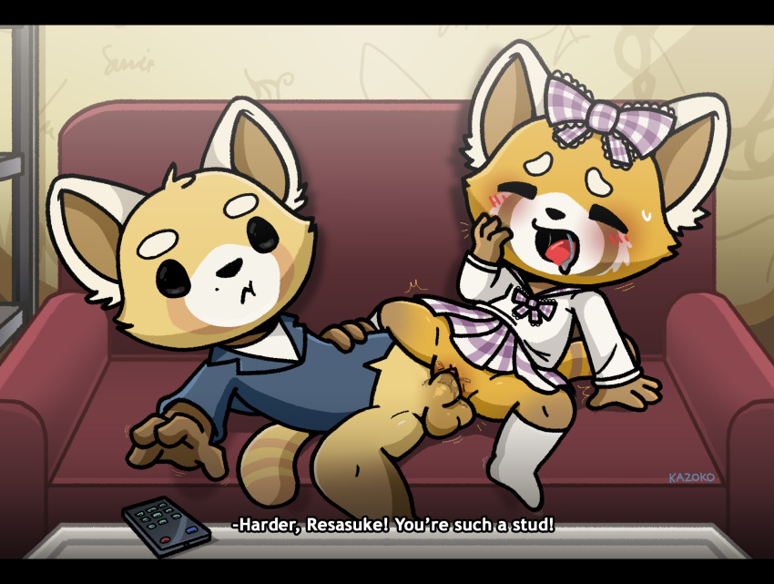 4_fingers aggressive_retsuko ailurid anthro balls blush bodily_fluids bored bottomless bottomwear bow_tie caption chibi clitoris clothed clothed_sex clothing clothing_lift controller detailed_background dialogue disinterested_sex dress drooling duo female fingers footwear fur furniture genital_fluids genitals hand_on_head hi_res inside jacket kazoko_(artist) knee_highs knee_socks legwear looking_at_viewer looking_pleasured male male/female mammal motion_lines orange_body orange_fur orgasm penetration penis pussy pussy_juice reaching red_panda remote_control resasuke retsuko saliva sanrio sex shirt sitting skirt skirt_lift smooth_fur socks sofa spread_legs spreading sweat sweatdrop tan_body tan_fur tongue topwear vaginal_penetration white_body white_fur yellow_body yellow_fur