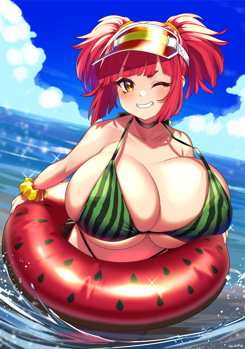 absurdres bikini blush breasts choker cloud cloudy_sky dutch_angle female food_print gigantic_breasts grin highres innertube ocean one_eye_closed original red_hair sky smile solo swimsuit thick_eyebrows twintails visor_cap wading watermelon_print wotori yellow_eyes